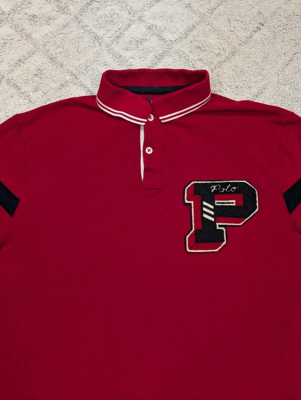 Polo Ralph Lauren Shirt Mens L Red Big P Script Varsity Letterman Rugby New York